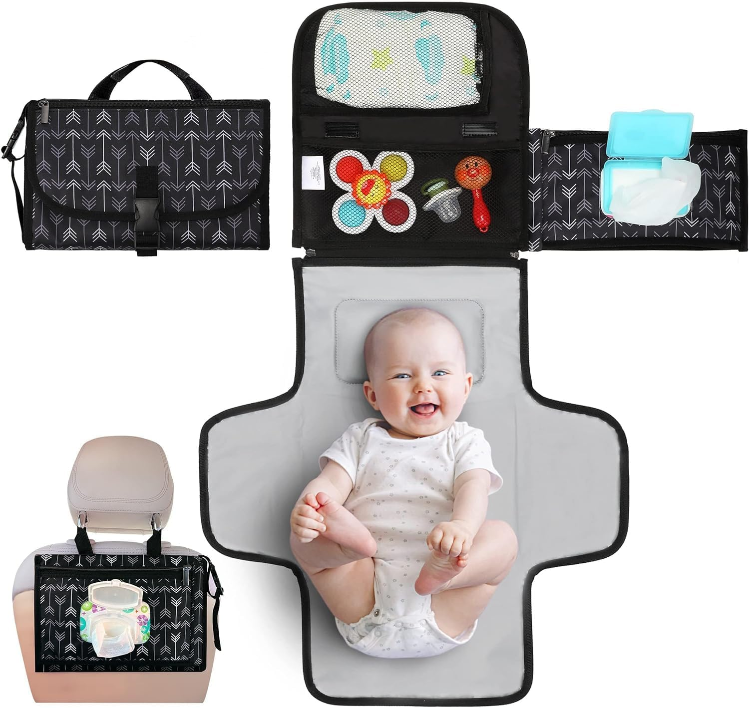 Portable Diaper Changing Pad for Baby, Portable Changing Pad for Newborn Girl & Boy, Waterproof Baby Changing Mat, Foldable and Detachable Diaper Changing Station with Baby Wipes Pockets, Baby Gift image number 5