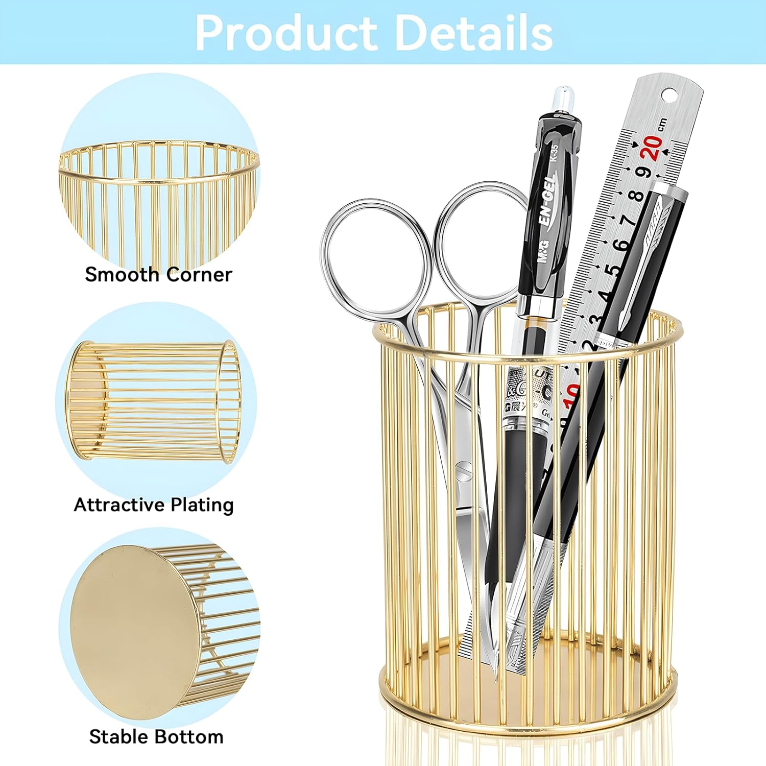 WATUNID Metal Pen Holder with 2 Pieces Diamond Pens and Gold Signing Pencil Stand Set, Makeup Brush Holder, Openwork round Art Table Accessories, Mesh Pen Pot Pen Holder for School, Office, Home