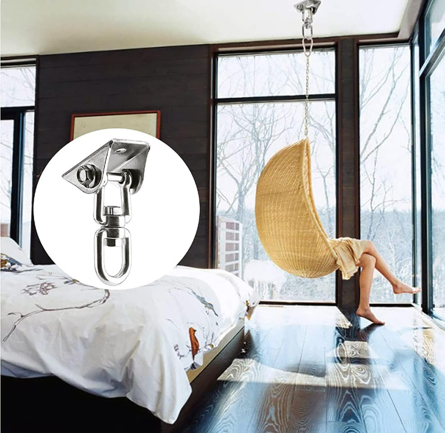 Heavy Duty Swing Hanger Hook, 360&deg; Swivel Swing Hook with 4 Screws for Porch Yoga Seat Hammock Sandbag Indoor Outdoor Stainless Steel Swivel Hook Fixing Plate Boxing Sandbag Hanging Chair Fixing image number 3