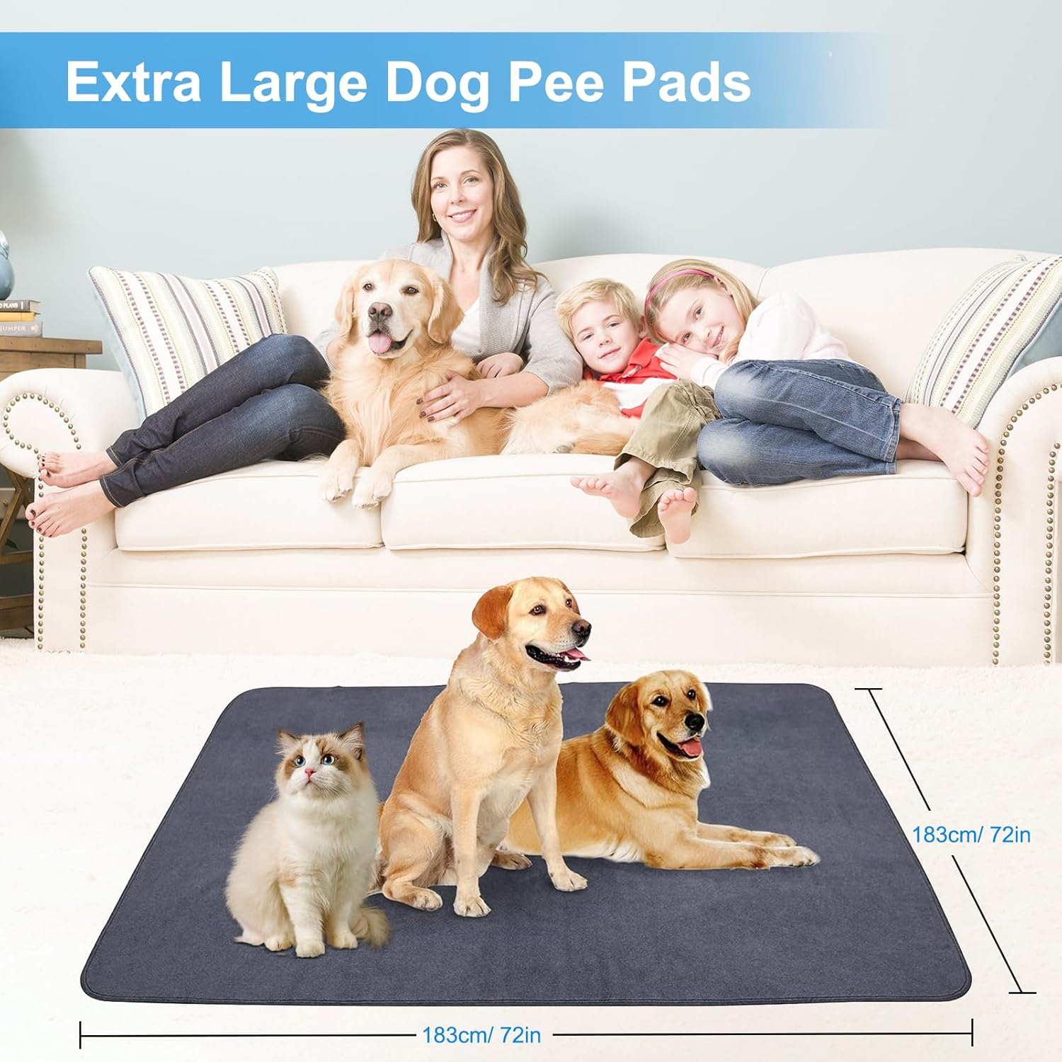 Non-Slip Dog Pads Extra Large 72" X 72", Washable Puppy Pee Pads, Reusable Dog Training Mat for Dogs with Non-Slip Bottom, Waterproof​ Absorbent Pet Blanket for Car, Crate, Playpens, Beds(183*183Cm) image number 2