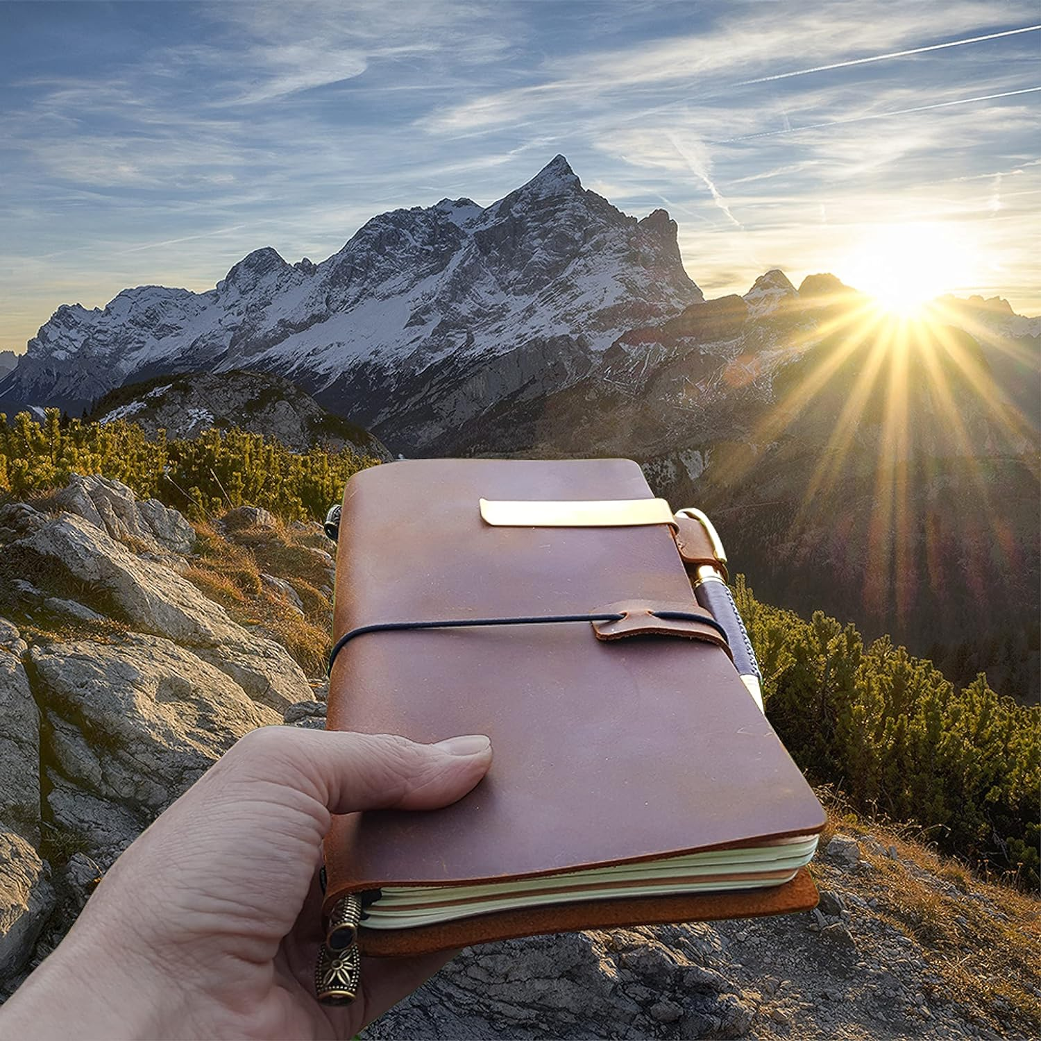 Refillable Leather Journal, Refillable Travellers Notebook for Men, Handmade Travelers Leather Travel Journal for Women, Vintage Antique Travel Diary Standard TN + Pen for Sketching image number 3