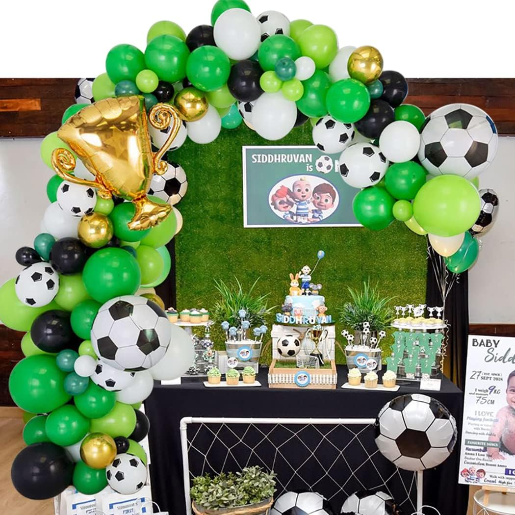 Soccer Party Balloons Garland, 12Inch Green Black White Balloons with 18Inch Football Goal Golden Champion Mylar Foils, Boys Sports Theme Birthday Decoration Supplies image number 1