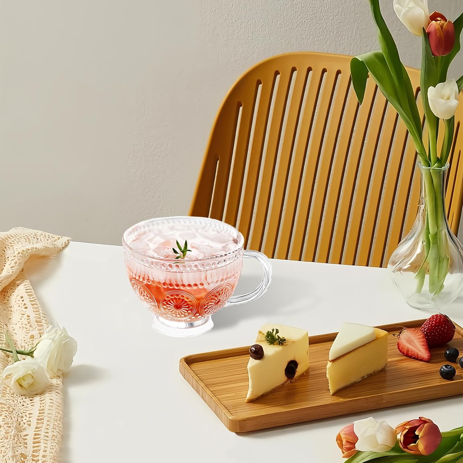 4PCS Vintage Glass Coffee Tea Mugs, 13.5 Oz Embossed Clear Glass Tea Set with Handle, Drinking Glassware for Latte, Cappuccino, Americano, Juice, Hot Drinks, Cold Drinks image number 5