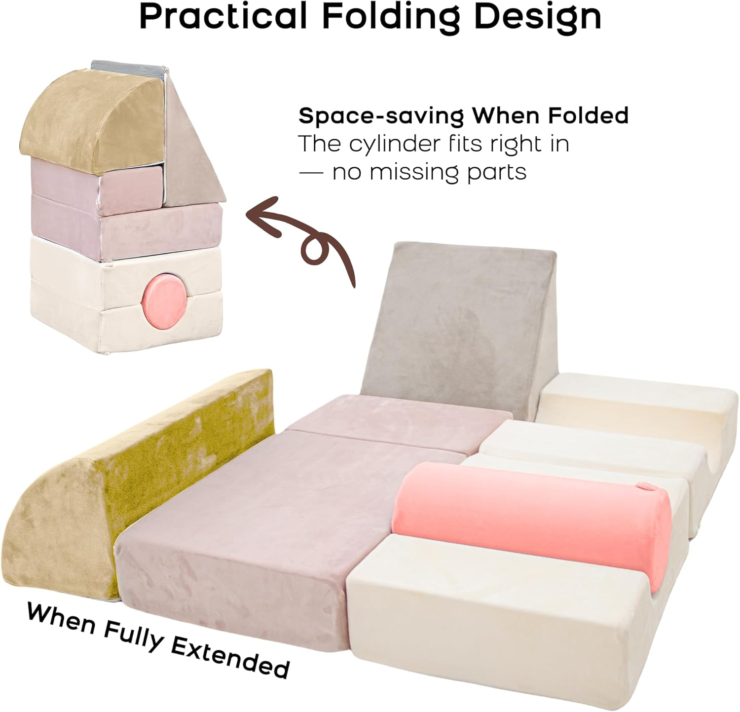 Banasuper 5-Piece Climbing Toys for Toddlers, Kids Foam Blocks Playset with Cylinder, Foldable Design, Toddler Indoor Soft Play Gym Activity Play Set for Crawling and Active Play (Pink & Yellow) - Blue  Grey image number 5