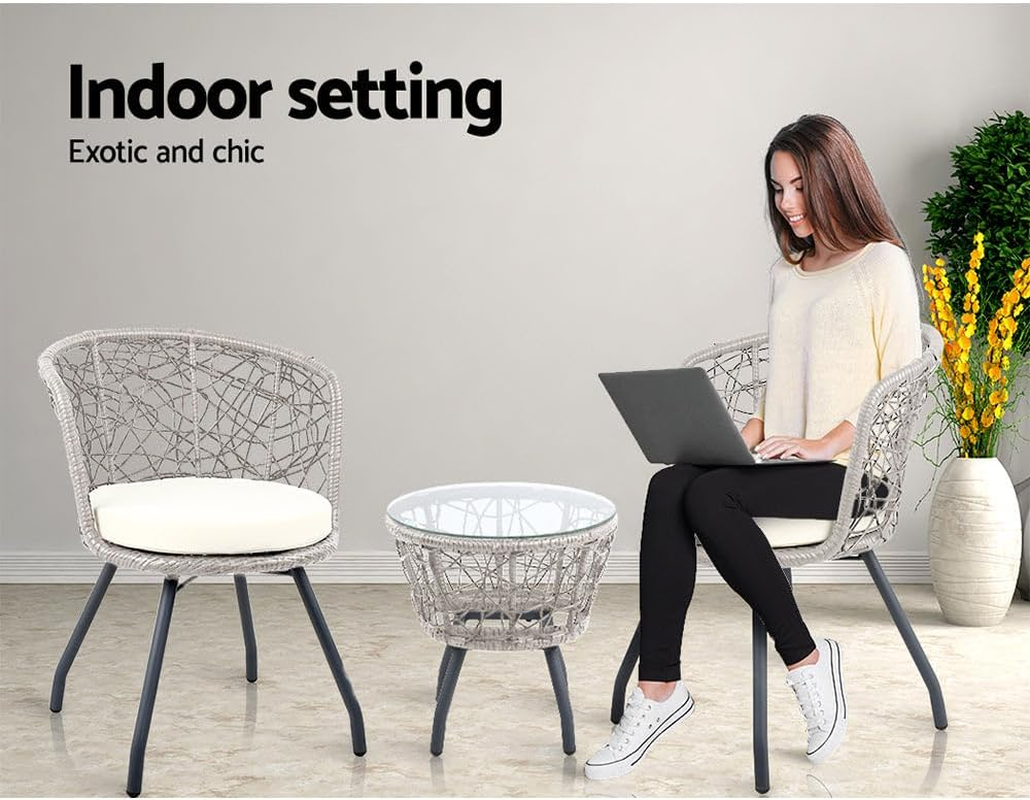 Gardeon 3Pcs Wicker Patio Furniture, Bistro Set Table and Chairs Outdoor Lounge Setting Conversation Sets Dining Chair Garden Backyard, Cushion with Rattan Coffee Table round Grey image number 2