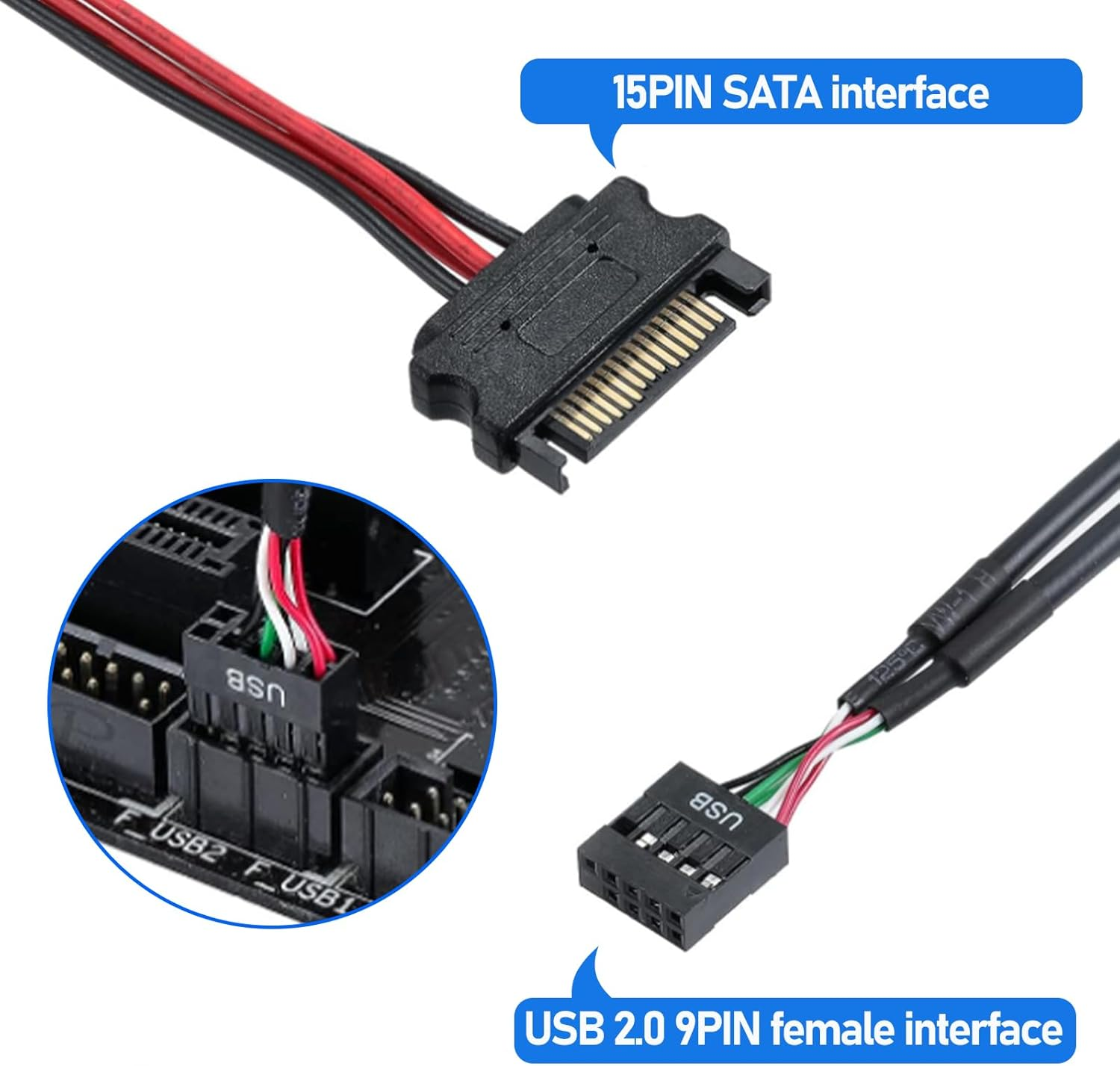 9Pin USB Header Splitter with SATA Power Cable, 9Pin USB Header Male 1 to 4 Female Extension Cable USB 2.0 Splitter Cable Connector for Motherboard, Adapter for CPU, Wifi Receiver, Fans, and RGB Light image number 1