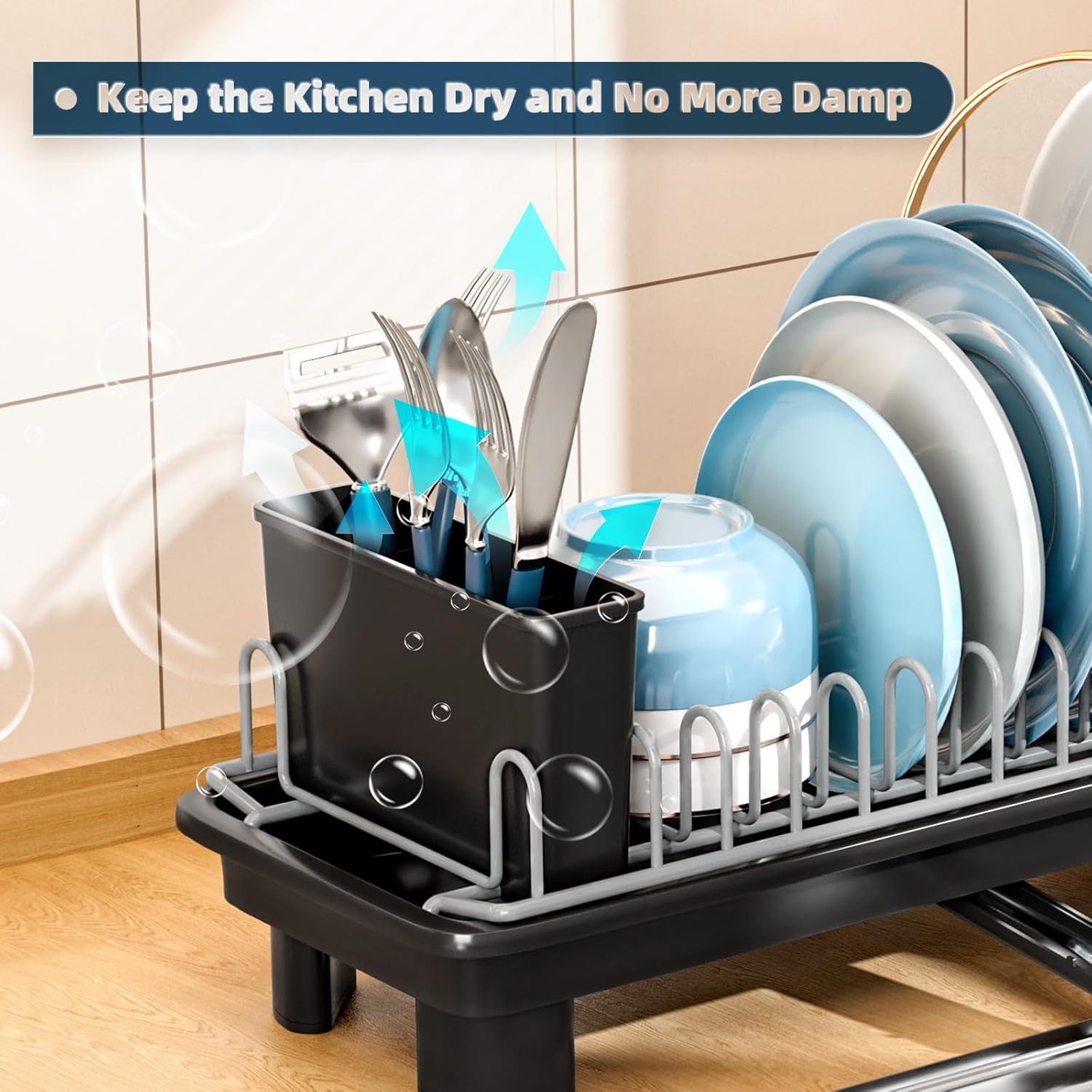 Sandream Small Dish Drying Rack, Compact Dish Rack for Kitchen Counter with Removable Cutlery Holder, 360&deg;Rotating Spout, Multifunctional Stainless Steel Dish Drainer, Space Saving image number 5