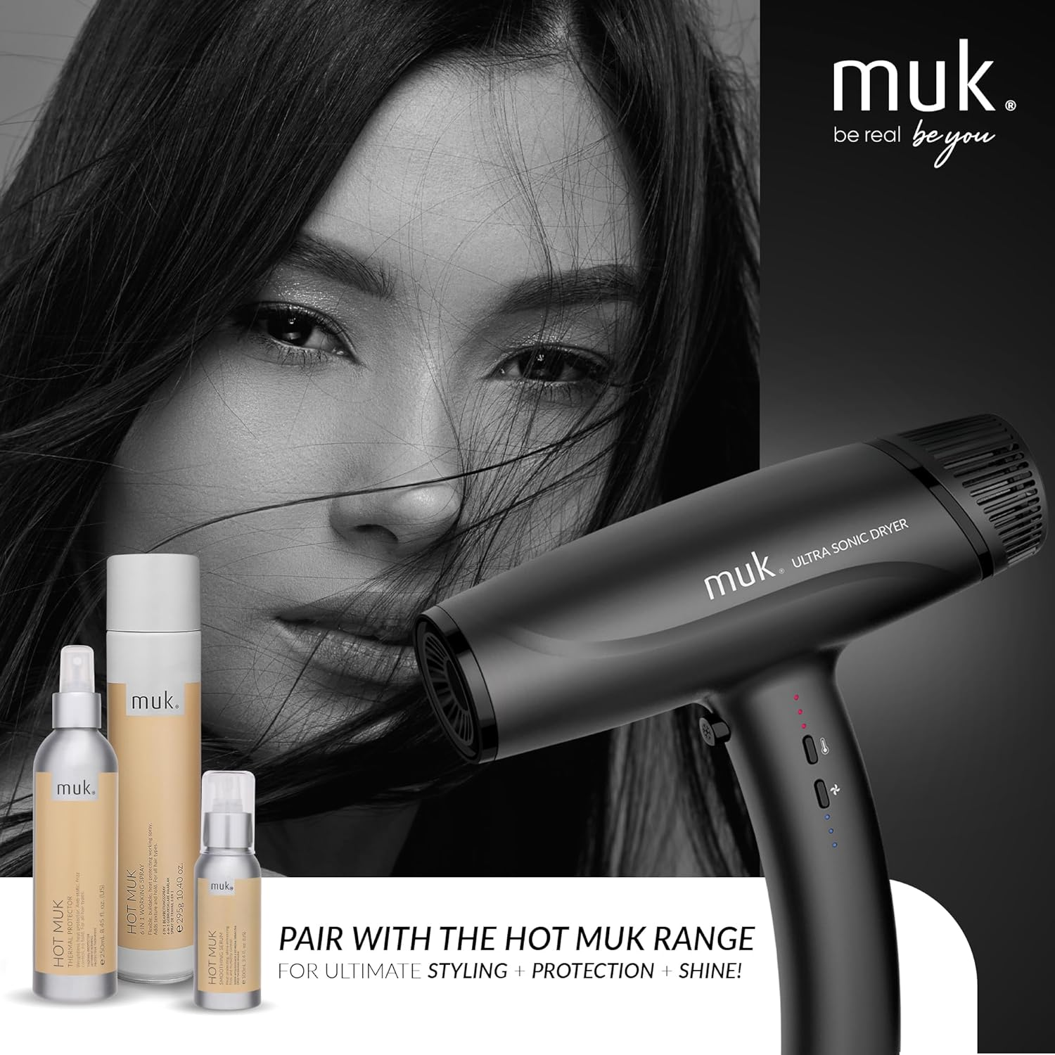 MUK. Ultra Sonic Hair Dryer Professional Series with Ionic Generator & Infrared Light - Lightweight Blow Dryer for Salon Quality Styling. Travel Hair Dryer with 3 Heat & Speed Settings, Cool Shot