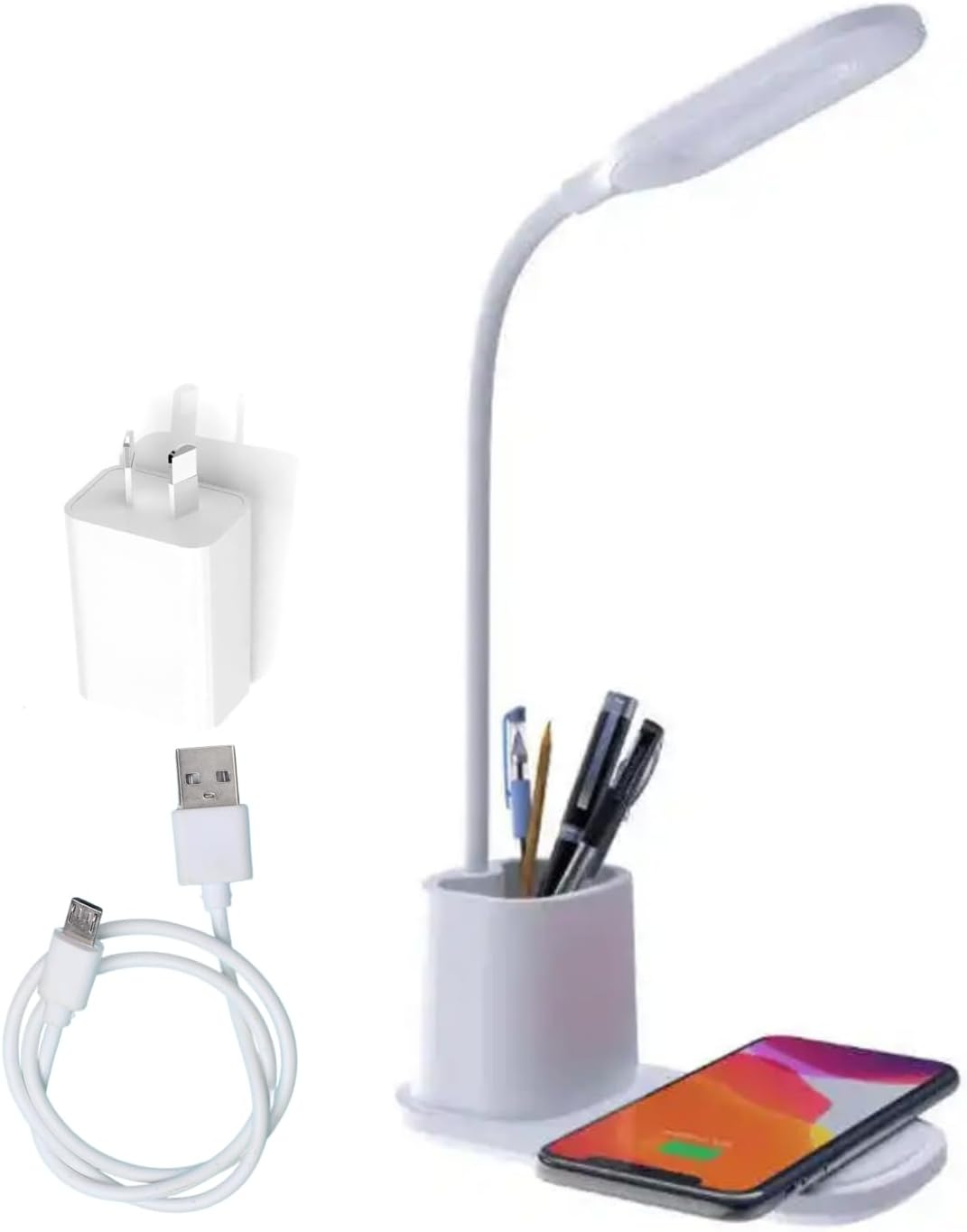 Zenly LED Desk Lamp - Bedside Table Lamp | Eye Caring LED Touch Lamp with 3 Color Modes | Dimmable USB Office Desk Light | Desk Lamp with Wireless Charger | Study Lamp with Adapter (White) image number 1