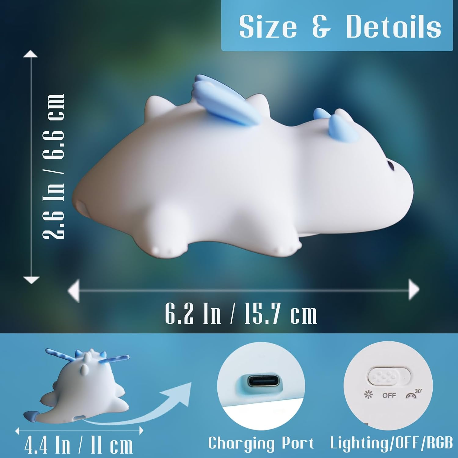 POSSHE Dragon Night Light, Cute Baby Dragon Gifts, Soft Silicone Lamp with 3 Level Warm Light and RGB Changing, Breastfeeding Nursery Portable Kawaii Bedside Lamp for Baby, Toddler, Boys and Girls - Color 1 image number 4