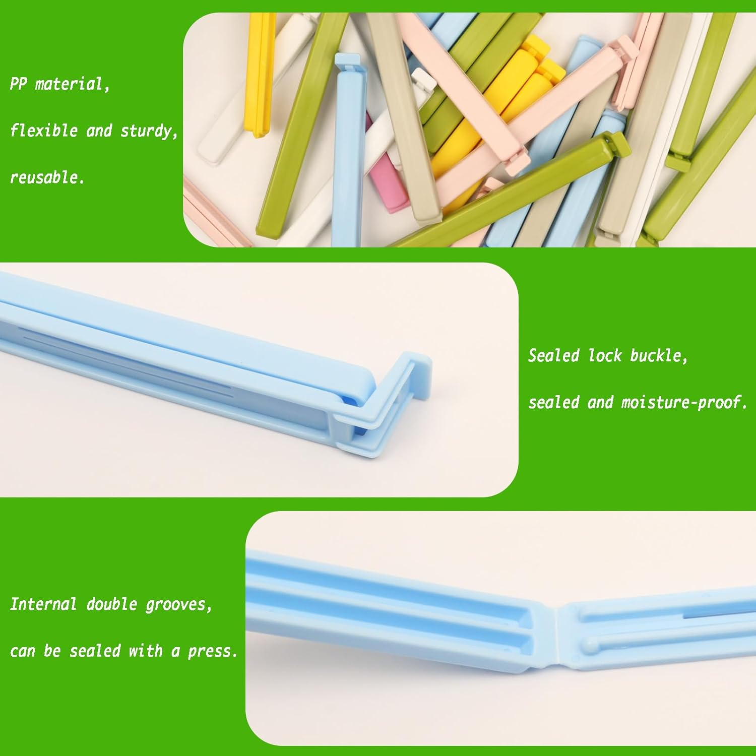 36 PCS Bag Sealing Clips for Food Packages, Decorating Bag, Reusable Plastic Food Clips Bag Clips for Food Snack Storage, for Kitchen and Home, 4 Sizes (22CM * 4, 15CM * 12, 12CM * 15, 7CM * 5) image number 5