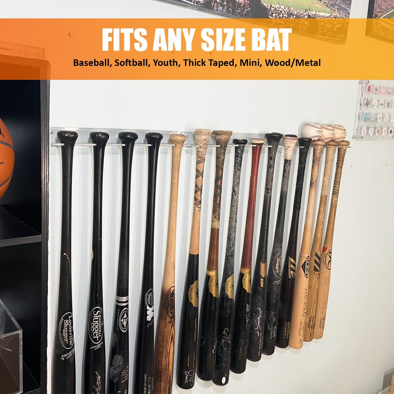 Baseball Bat Display Hanger for 5 Bats or Balls - Vertical Bat and Baseball Holder Wall Mount - Better than Display Case | Sturdy Acrylic Hanging Rack Organizer | Easy to Instal (Hardware Included) image number 4