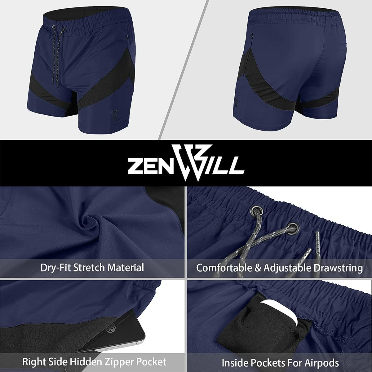 ZENWILL Mens Lightweight Running Sport Shorts Athletic Men Short with Zip Pocket image number 6