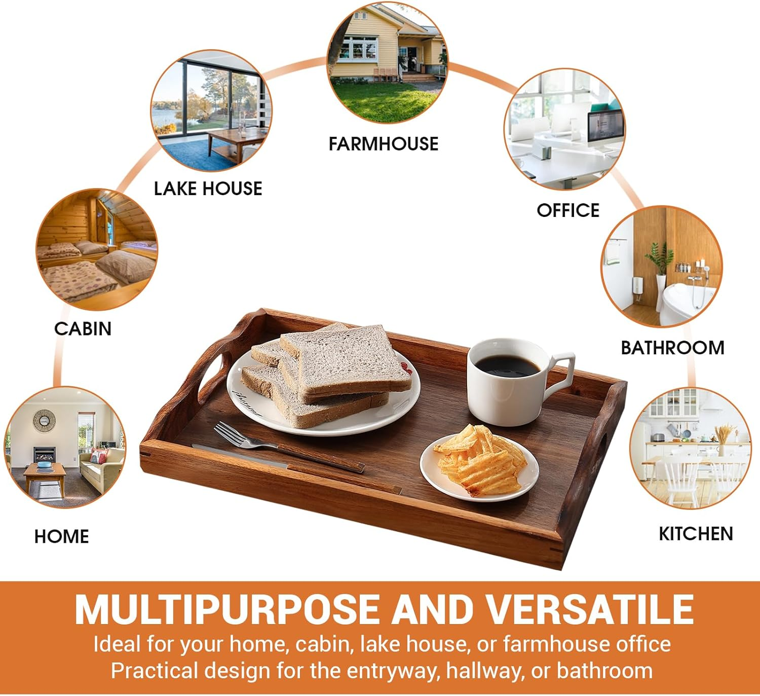 MOOKOMI Nature Walnut Wooden Serving Tray with Handles, Solid Wood Food Tray for Coffee, Breakfast, Dinner, Ottoman,16.6X11.8X2.4 Inches image number 2