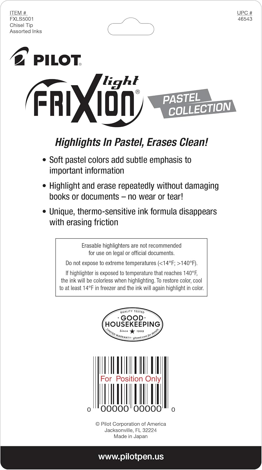 PILOT, Frixion Light Pastel Erasable Highlighters, Chisel Tip, Pack of 5, Pastel Blue, Pink, Yellow, Green & Purple image number 1