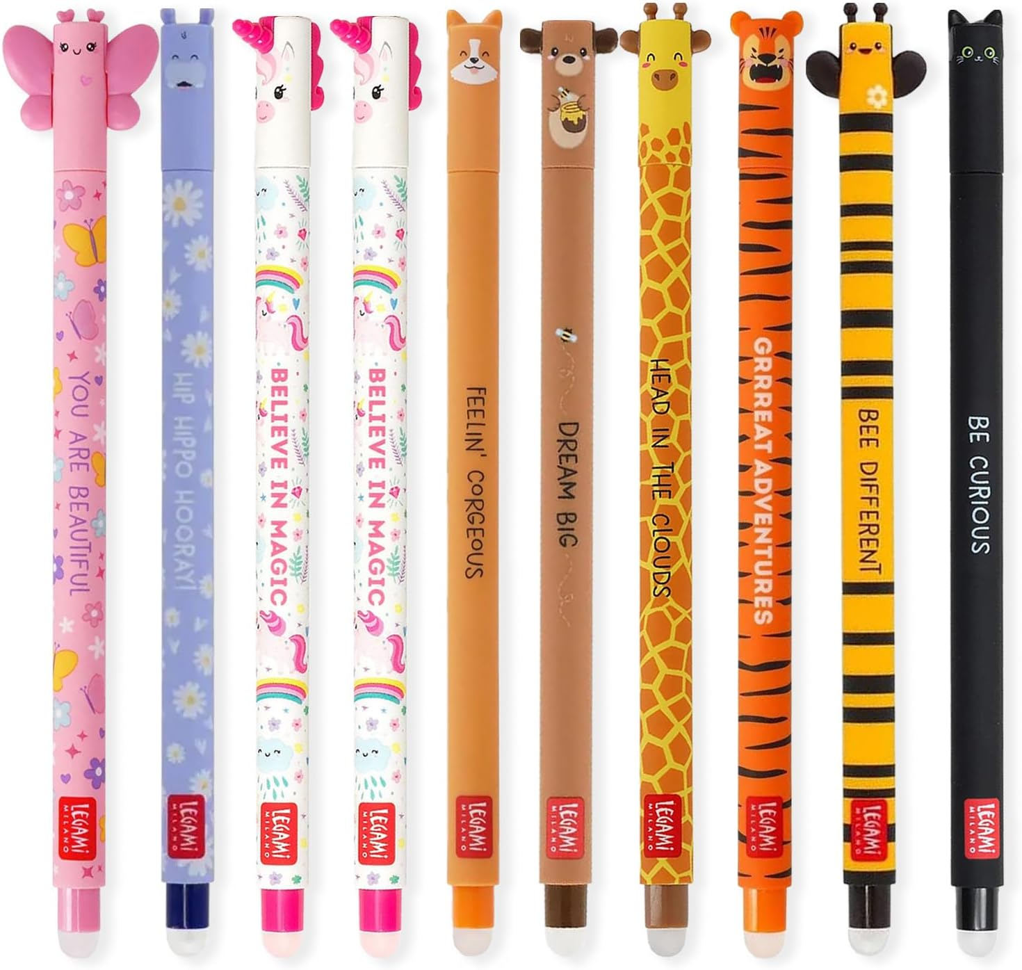 LEGAMI - Set of 10 Erasable Gel Pens with Thermosensitive Erase Ink, Range of Ink Colours & Barrel Designs, 0.7Mm Tip, Animal Designs image number 3