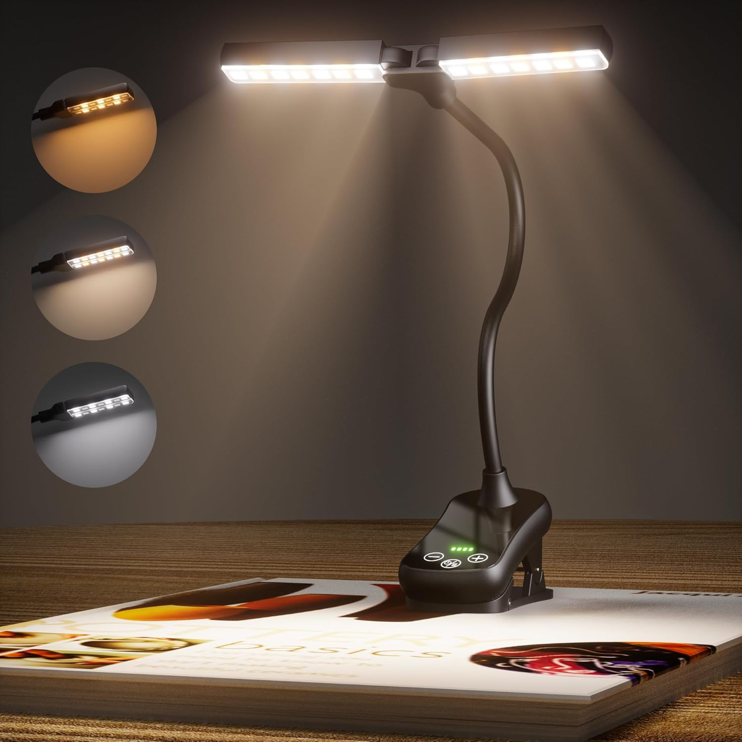 Quntis Reading Light - 14 LED Clip-On Book Light with Stepless Dimming & 3 Colors, 360&deg; Flexible USB Gooseneck for Bed/Desk/Study, Rechargeable Eye-Caring Lamp for Home Office/Night Reading, Black image number 4