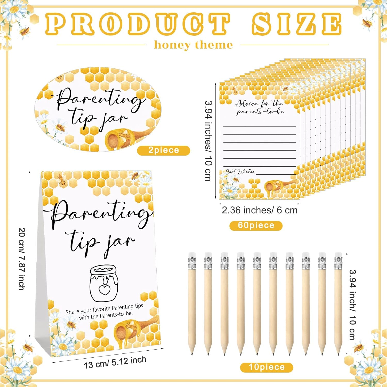 Roowest Baby Shower to Baby Advice Cards for New Parents to Be - Tip Jar Sign for New Parents 60 Parenting Advice Cards 10 HB Pencils 2 Cute Stickers 1 Pet Bottle for Guests Games(Honey) image number 6