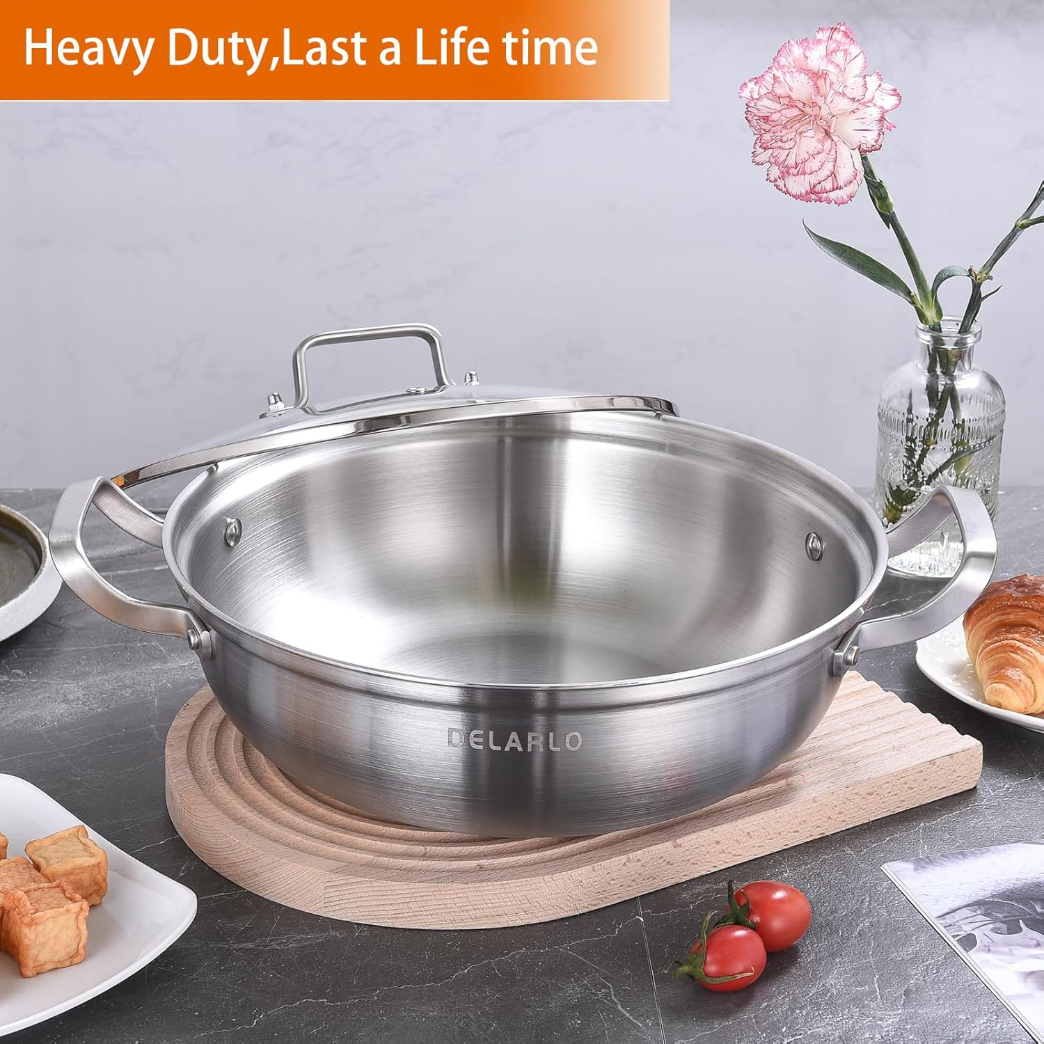 Delarlo Tri-Ply Stainless Steel 11 Inch Everyday Pan with Lid, Kitchen Everything Pan, Chef'S Pans, Induction Deep Saute Pan, High Side Cooking Pot 3.5QT, Oven Safe Stock Pot, up to 600℉ image number 1