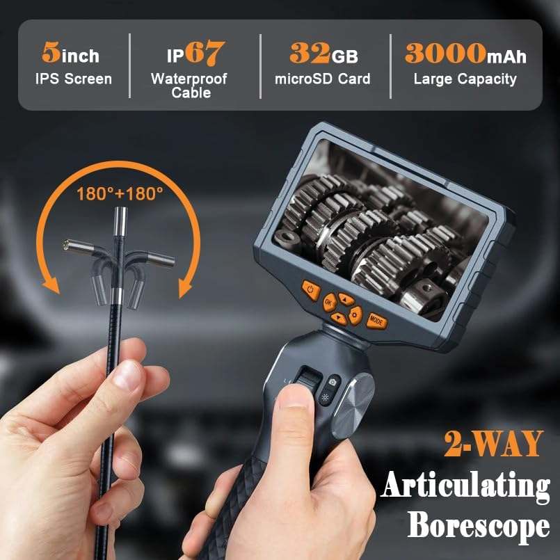 Articulating Borescope, TD500 8.5Mm Video Endoscope Inspection Camera with 5 Inches IPS Screen, Two-Way Articulation Probe, Fiber Optic Videoscope for Automotive Aircraft Mechanics (5Ft, 0.33Inch) image number 2