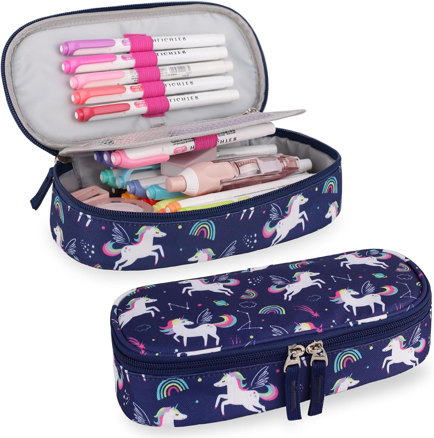 Pencil Case for Girls,Large Capacity Multi-Slot Kids Mark Pouch, Adult Big Pencil Bag with Zipper, Teens Large Storage Pencil Box for School College Middle School Office(Pink,Unicorns)