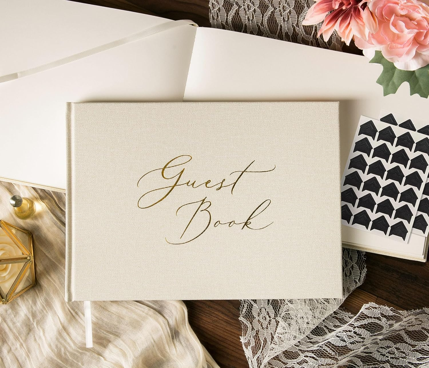 Modern Album Designs Luxury Cream Linen Guest Book &ndash; Large 11.5X8.5&rdquo; Hardcover with Gold Foil Embossed Cover, Lined Pages & Gilded Edges &ndash; Elegant Wedding, Baby Shower, Birthday Memory Book