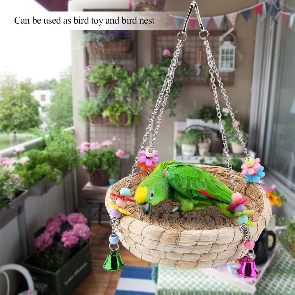 Bird Nest Bed Straw Nest Natural Hand-Woven Straw Nest Bed Swing Toy with 4 Metal Bells Toy for Budgies Cockatiels Parrots Parakeets Cage Toy image number 6