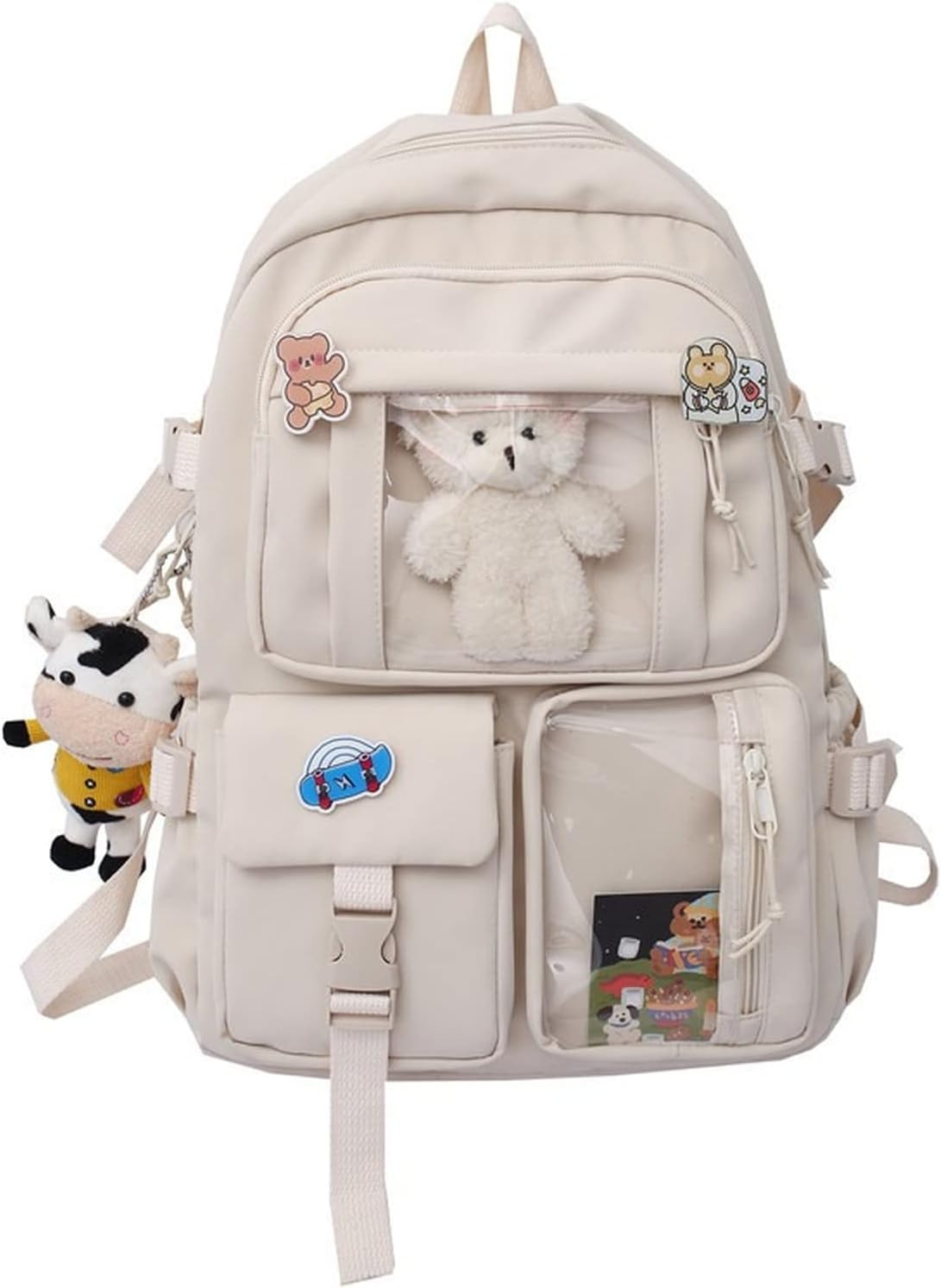 Kawaii Backpack Cute Aesthetic Anime with Pins Cow Bear Pendant School Supplies Bag Animal Cartoon Preppy Japanese