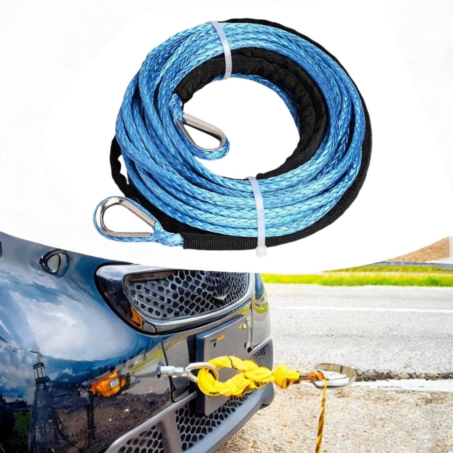 Qcchieus 50Ft X 1/4" Winch Rope Extension Replacement Sturdy for ATV UTV Multipurpose Accessories Tow Rope with Protective Sleeve, Blue - Red image number 4