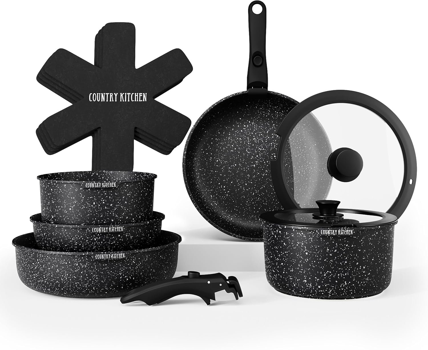 Country Kitchen 13 Piece Pots and Pans Set - Safe Nonstick Cookware Set Detachable Handle, Kitchen Cookware with Removable Handle, RV Cookware, Oven Safe (Black)