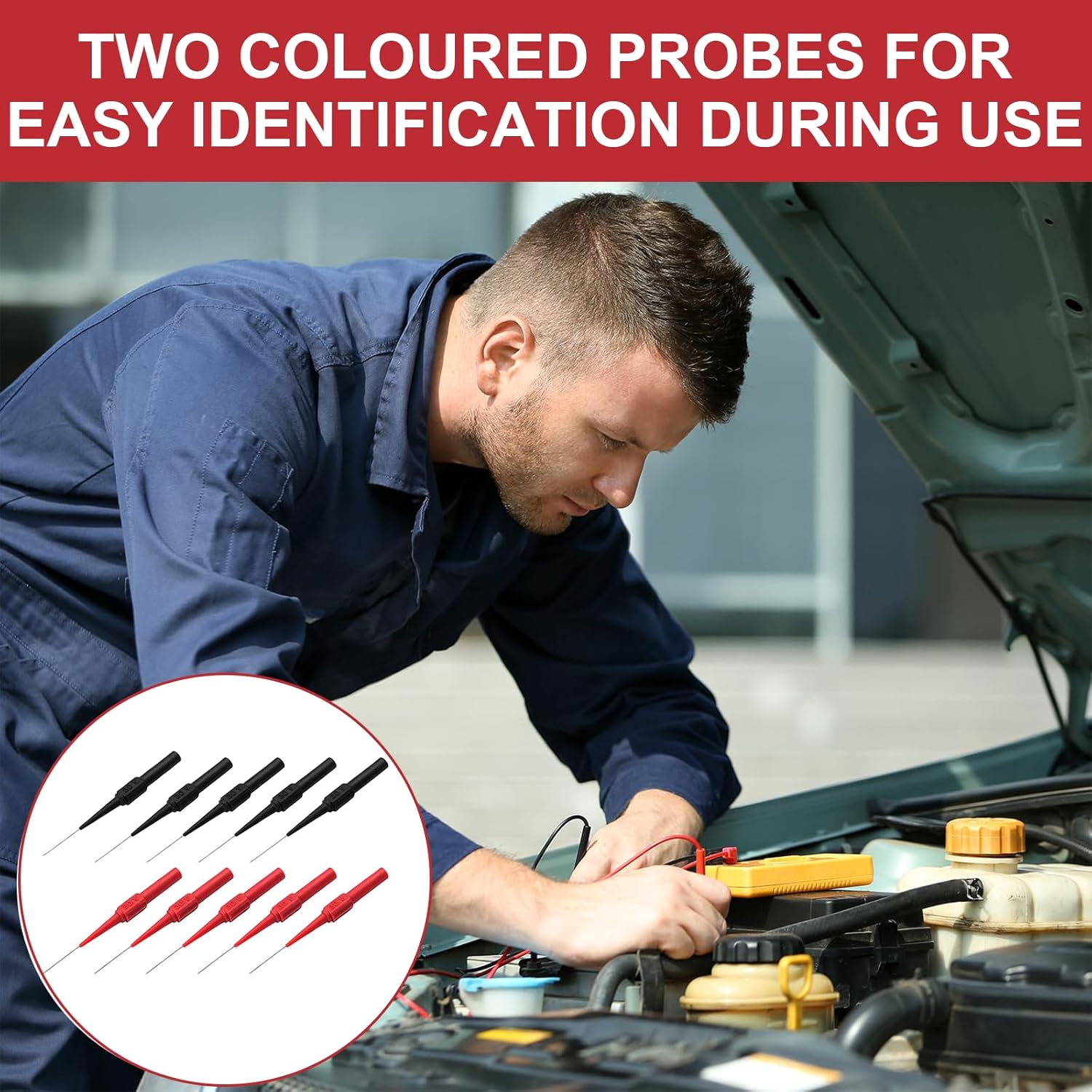 Back Probe Kit, 10 PCS Needle Test Probes, 0.7Mm Insulation Probe Pin, Wire Piercing Probes, 4Mm Banana Socket Connection for Car Electrical and Multimeter Testing(Black, Red) image number 3