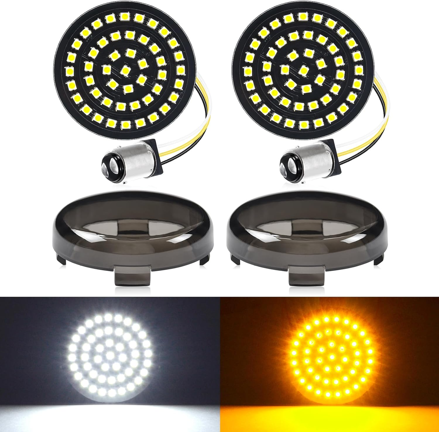 Benlari New 1157 LED Motorcycle Front Turn Signals Bulbs 2 Inch Bullet Lights with Smoked Lens Covers Fit for Harley Davidson Touring Dyna Softail Sportster Street Glide Road Glide Iron 883, 2PCS image number 1