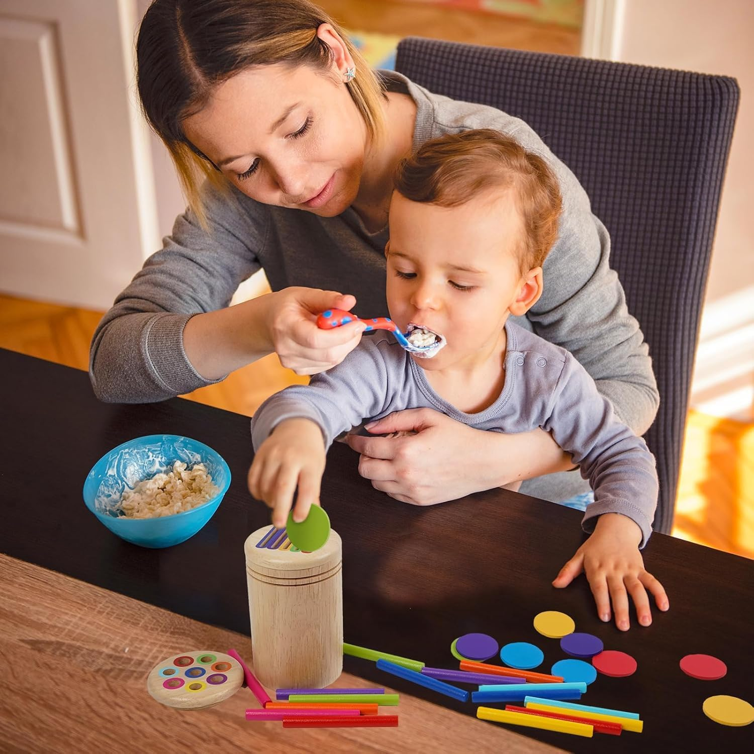 TUNJEJINY Montessori Toys for 1-3 Year Old, Dual Play Wooden Color Sorting Toys Preschool Learning Activities, Fine Motor Sensory Matching Games for Toddlers 3-5 Girl Boy Gifts image number 2