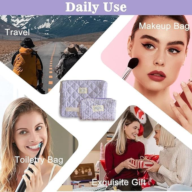 Ksngtixe 2 Pcs Quilted Cotton Makeup Bags Set - Cute Checkered Design Cosmetic Organizer for Brushes & Toiletries, Travel-Friendly Beauty Storage (24Cm+16Cm) image number 2