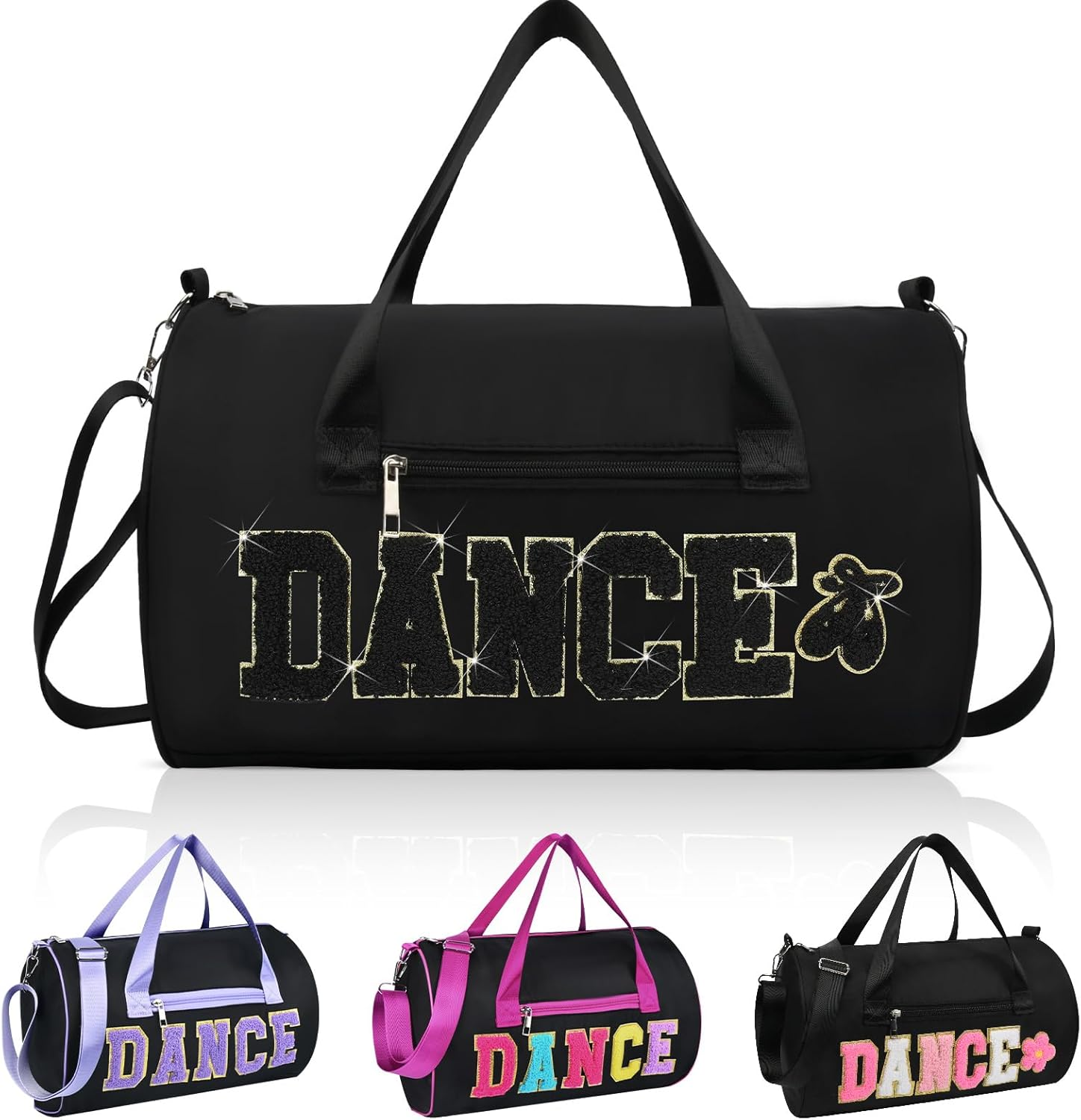 Dance Bag for Girls KUIRAN Small Gym Bag for Women Duffel Bag Weekender Duffel Bag 23L Capacity Workout Chenille Letter Bag for Dancers, Girls, Teens, Student Athletes, Black/Shoe Compartment, 15"Lx10