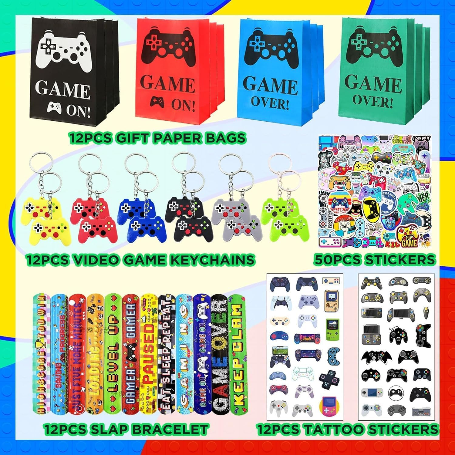 98 Pcs Video Game Party Favors, Party Favors - 12 Set of Party Supplies Included Gift Bags,Game Keychain,Slap Bracelet,Stickers,Temporary Tattoos for Birthday Party Supplies image number 6