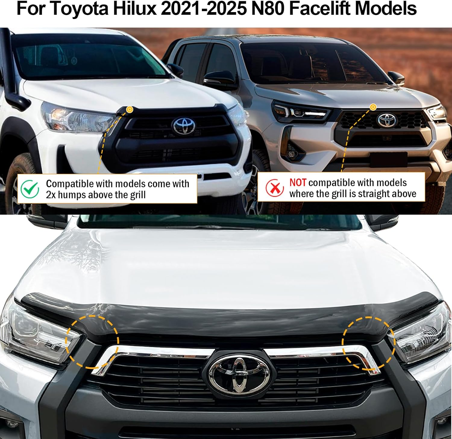 SUERAUTO4X4 Bonnet Protector for Toyota Hilux Accessories 2021-2025 N80 Facelift, Tinted Black Injection Front Bonnet Stone Protector Hood Guard Trim Ute Car Exterior