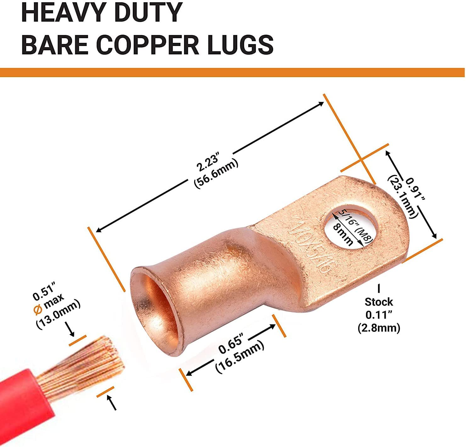 10 Pcs 5/16" Ring (M8) Heavy Duty Copper Wire Lugs Battery Cable Ends Bare Copper Eyelets Tubular Ring Terminal Connectors Assortment Kit,6 AWG/ 13.3Mm&sup2; Crimp Wire Ring Lugs with 10Pcs Heat Shrink Set image number 2