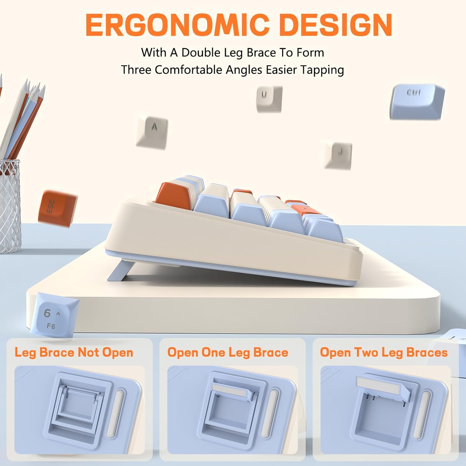 M68 65% Wireless Gaming Keyboard,Bluetooth/2.4Ghz/ Wired Tri-Mode Silent Membrane Keyboard,Pbt Keycaps,2000Mah Rechargeable,67 Keys Rainbow LED Backlit PC Gaming Keyboard for Win/Mac-Blueberry image number 2