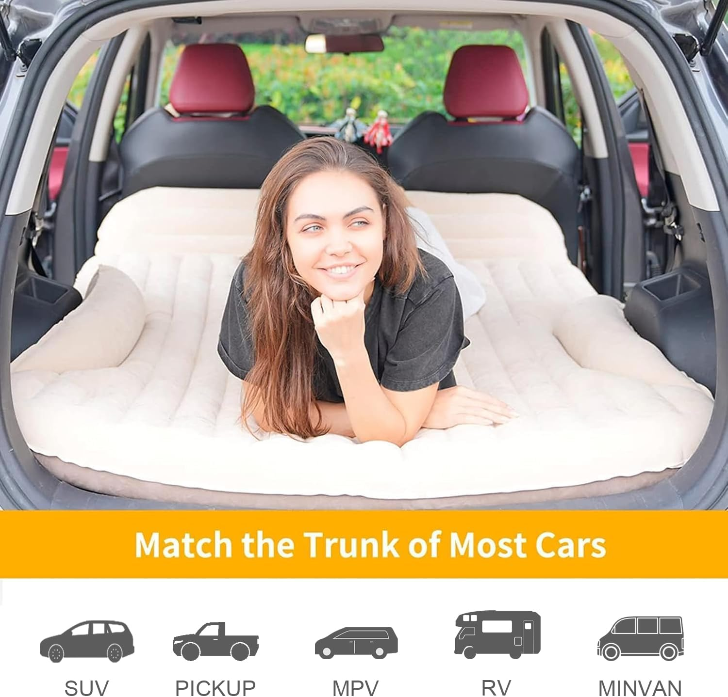 KMZ SUV Air Mattress Thickened and Double-Sided Flocking Travel Camping Bed with 2 Pillows & Electric Pump Dedicated Mobile Cushion Inflatable Bed for SUV Trunk and Rear Seat (Beige and Coffee) image number 5