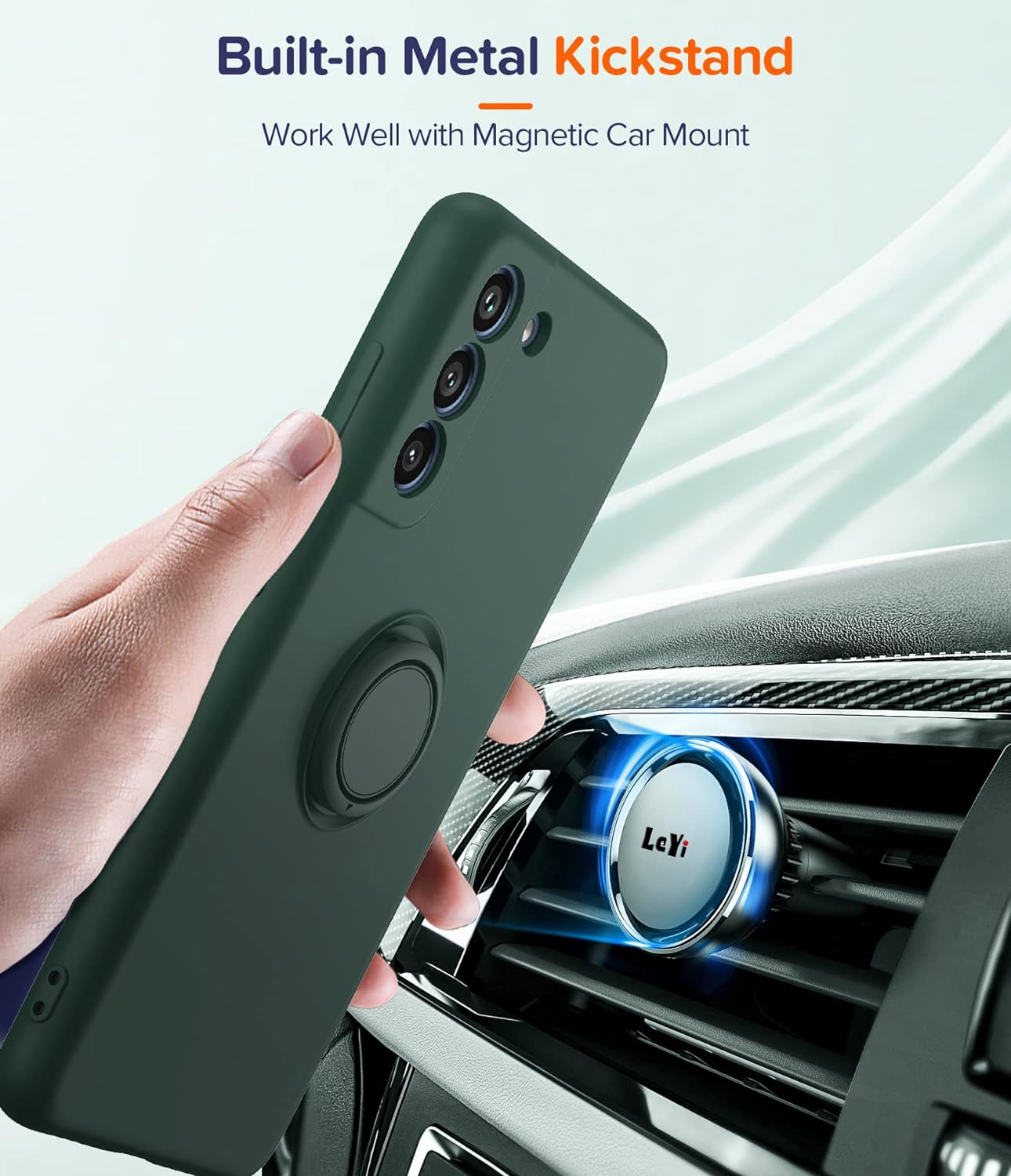 Leyi for Galaxy S21 FE 5G Case: with Tempered Glass Screen Protector [2 Pack], Magnetic Kickstand 360&deg; Rotatable Ring Holder, Protective for Samsung Galaxy S21 FE 5G Case, Green image number 3