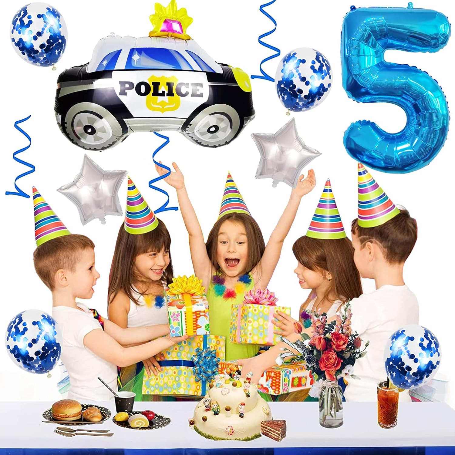 Weenkeey 5Th Police Car Birthday Balloons Giant Police Car Aluminum Foil Balloon Number 5 Mylar Balloon for Police Party Boys Birthday Decor - Blue image number 1
