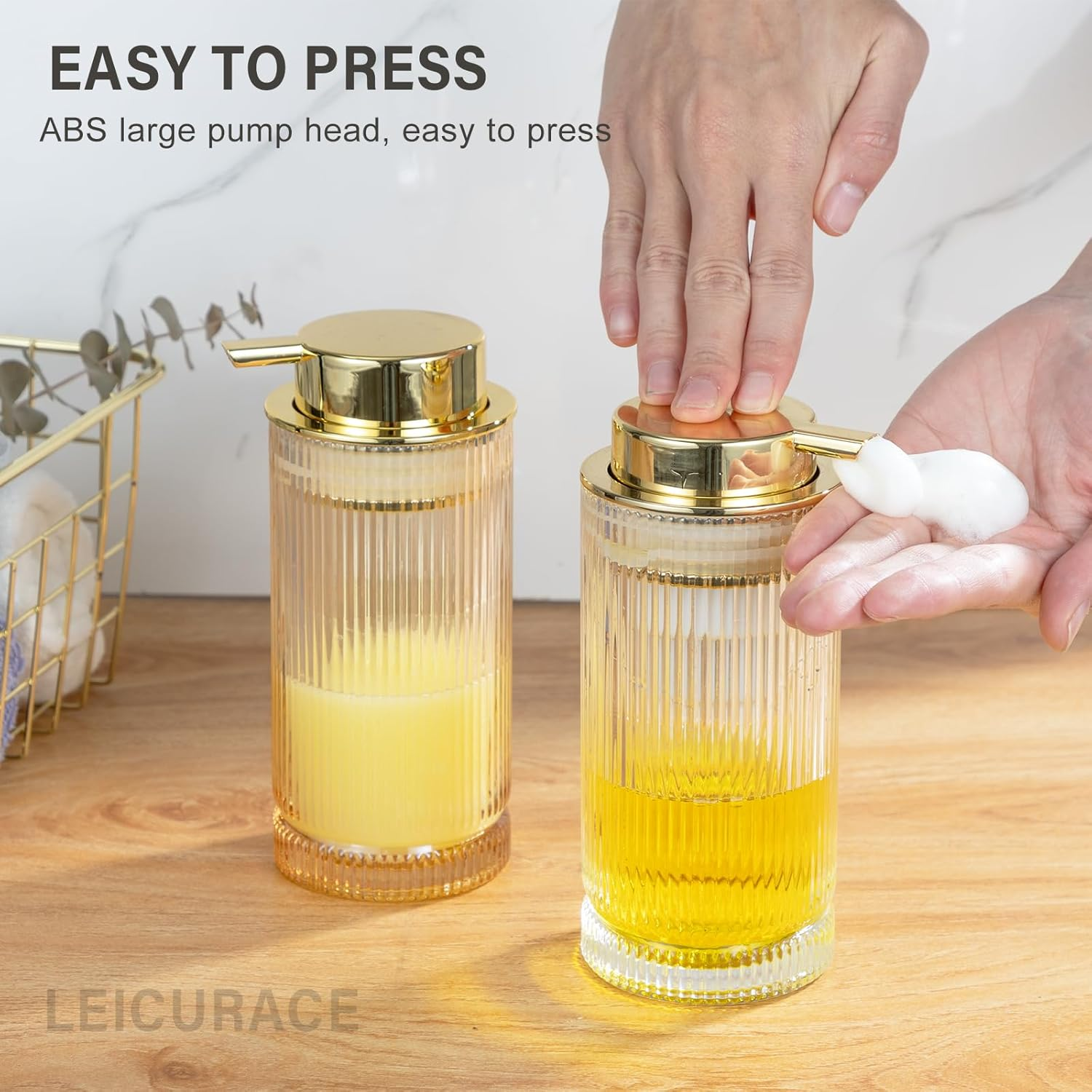 LEICURACE Glass Liquid Soap Dispenser, Refillable Liquid Dispenser with Gold Pump, Hand Soap Dispenser for Bathroom Kitchen, Modern Home Bathroom Decor （Liquid Type/Gold） A031-004-AU - Liquid Type/Clear image number 5