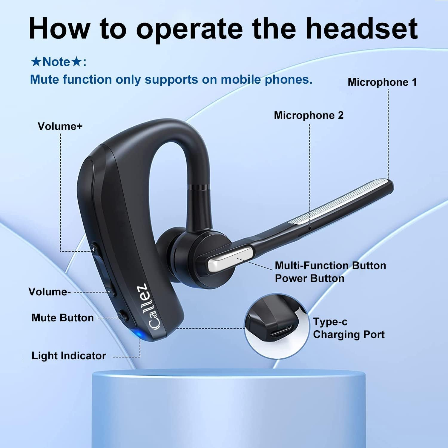 Bluetooth Headset with CVC8.0 Dual Microphone Noise Cancelling Wireless Headphones V5.0 Wireless Headset Mobile Phone for Iphone Samsung Smartphone Driving Business Office Clear Chat Super Light image number 5
