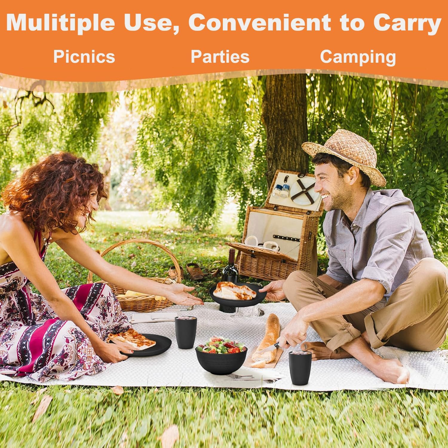 16PCS Wheat Straw Dinnerware Sets, Camping Utensils Reusable Tableware Set BPA Free, Unbreakable Plates, Bowls, Cups, for Kitchen Outdoor Camping Party Home,Microwave Dishwasher Safe-Black image number 4