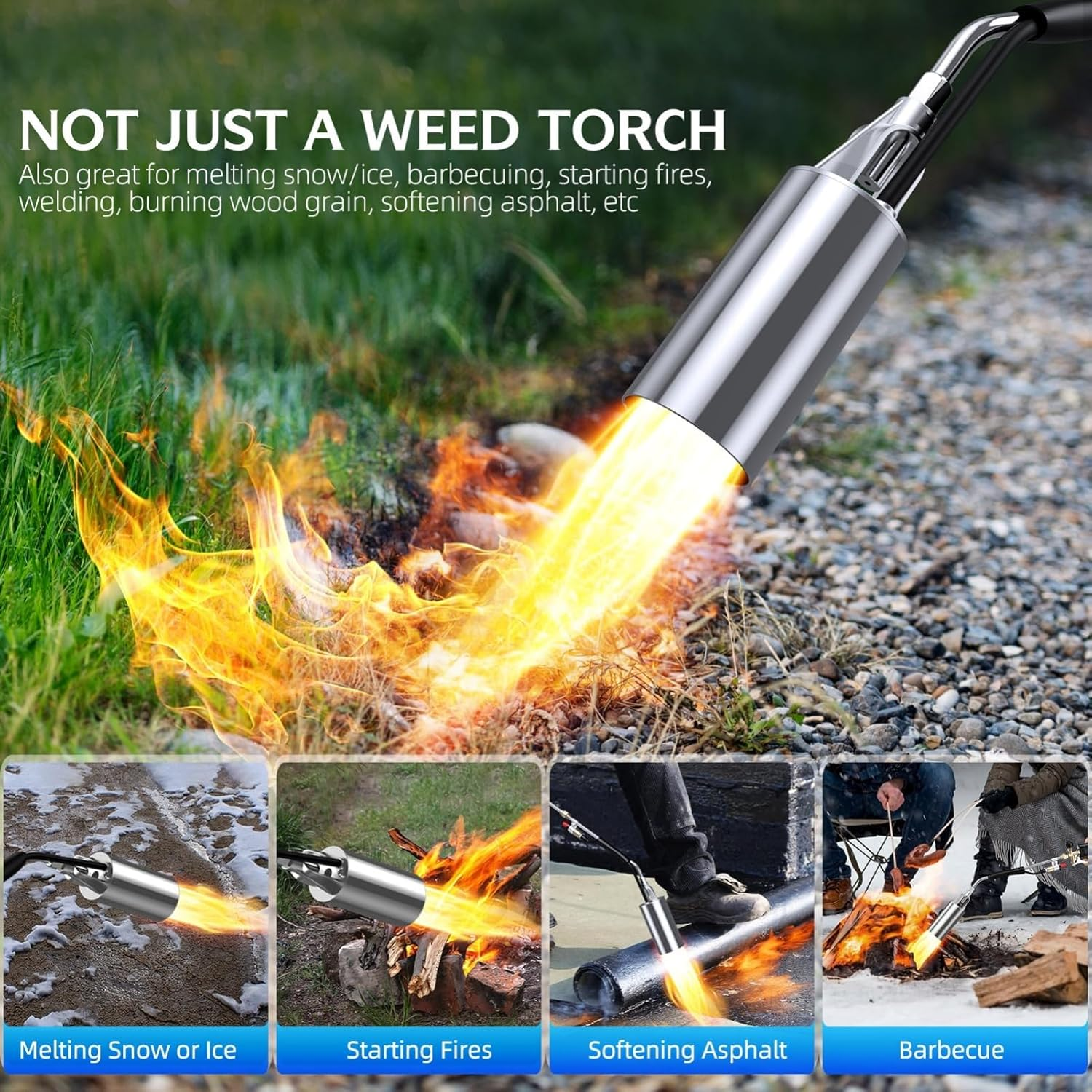 Propane Torch Weed Burner, 800,000 BTU Propane Gas Blow Torch Head Weed Torch with 10FT Hose, Flame Control, Turbo Trigger Push Button Igniter, Flamethrower for Burning Weed Roads Paint Removal Silver