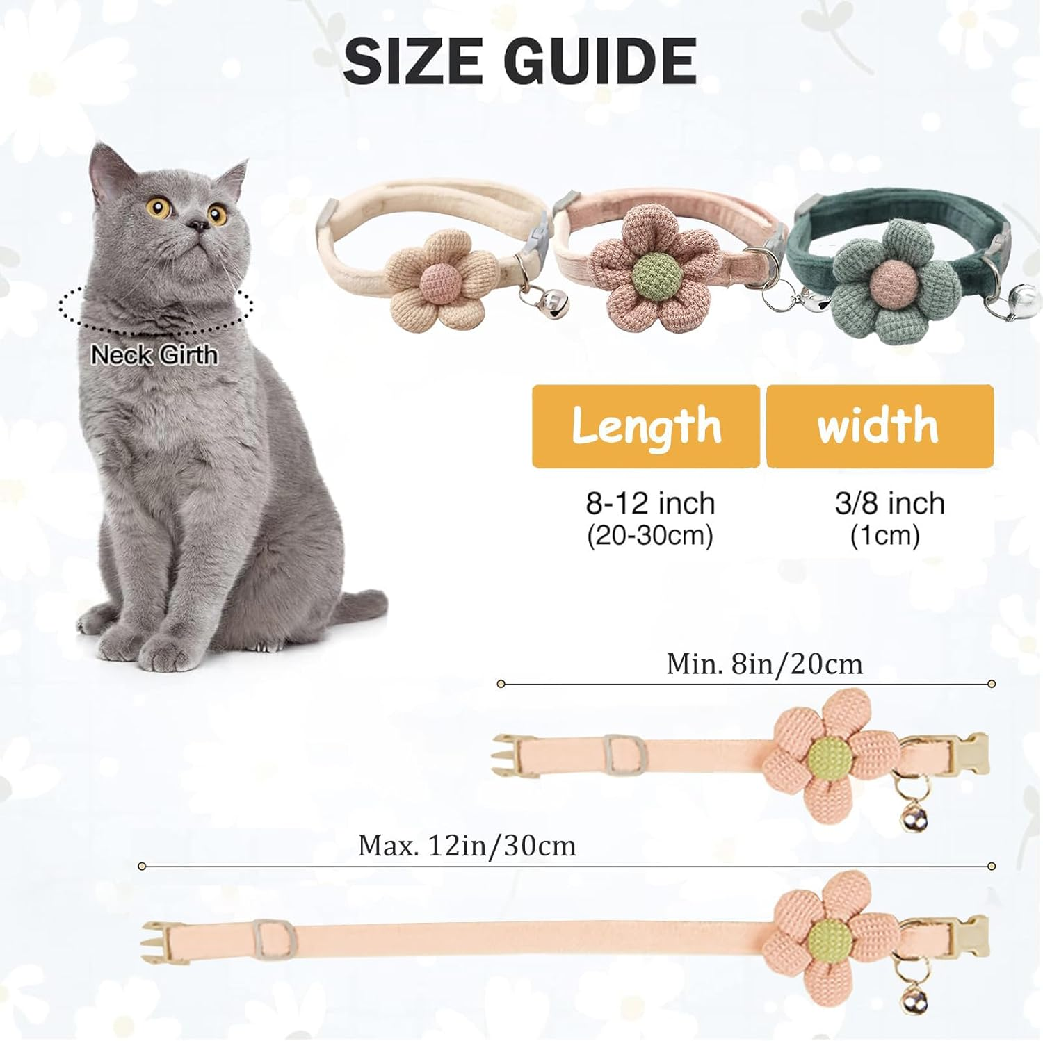 Ruzister 3 Pack Cat Collars with Flowers - Cat Collars with Bell, Adjustable Flower Bow Tie Collars for Boys and Girls, Cute Collar Accessories image number 2