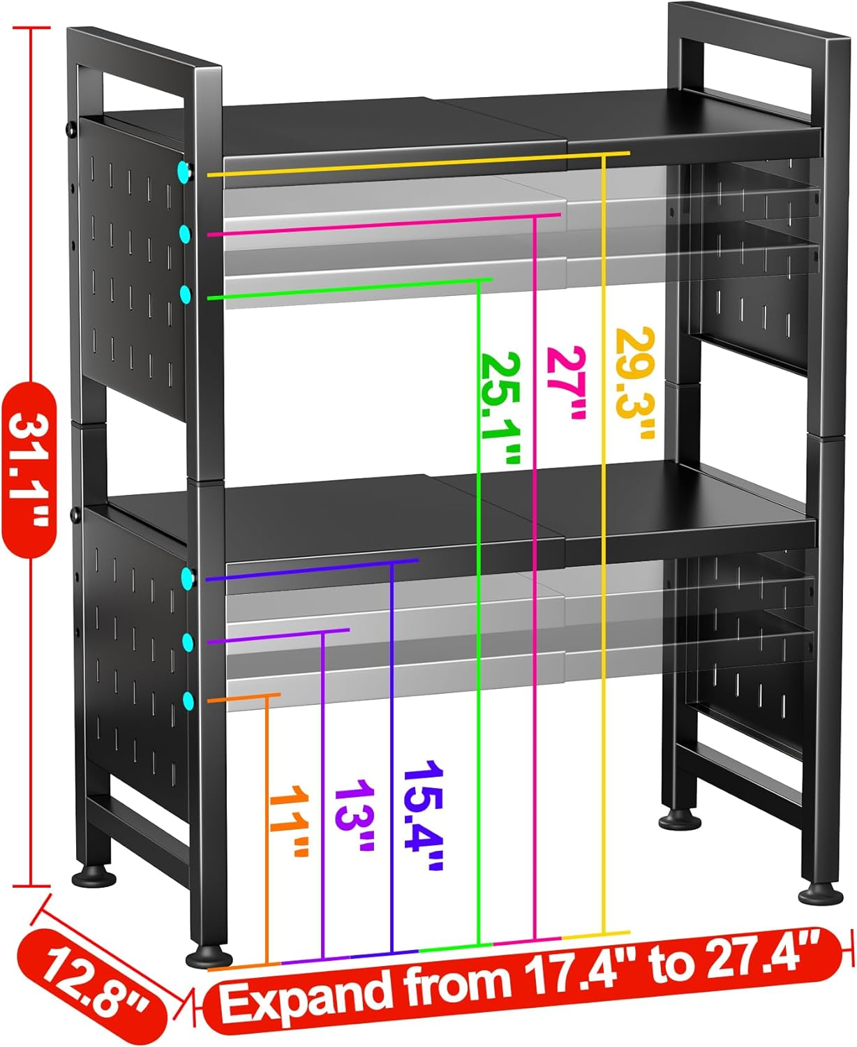 Expandable Microwave Stand,Heavy Duty 3-Tier Adjustable Height Microwave Oven Rack with 9 Hooks, Towel Rack, and Cutting Board Holder, Countertop Kitchen Shelf Organizer, Holds up to 180 Lbs, Black image number 6