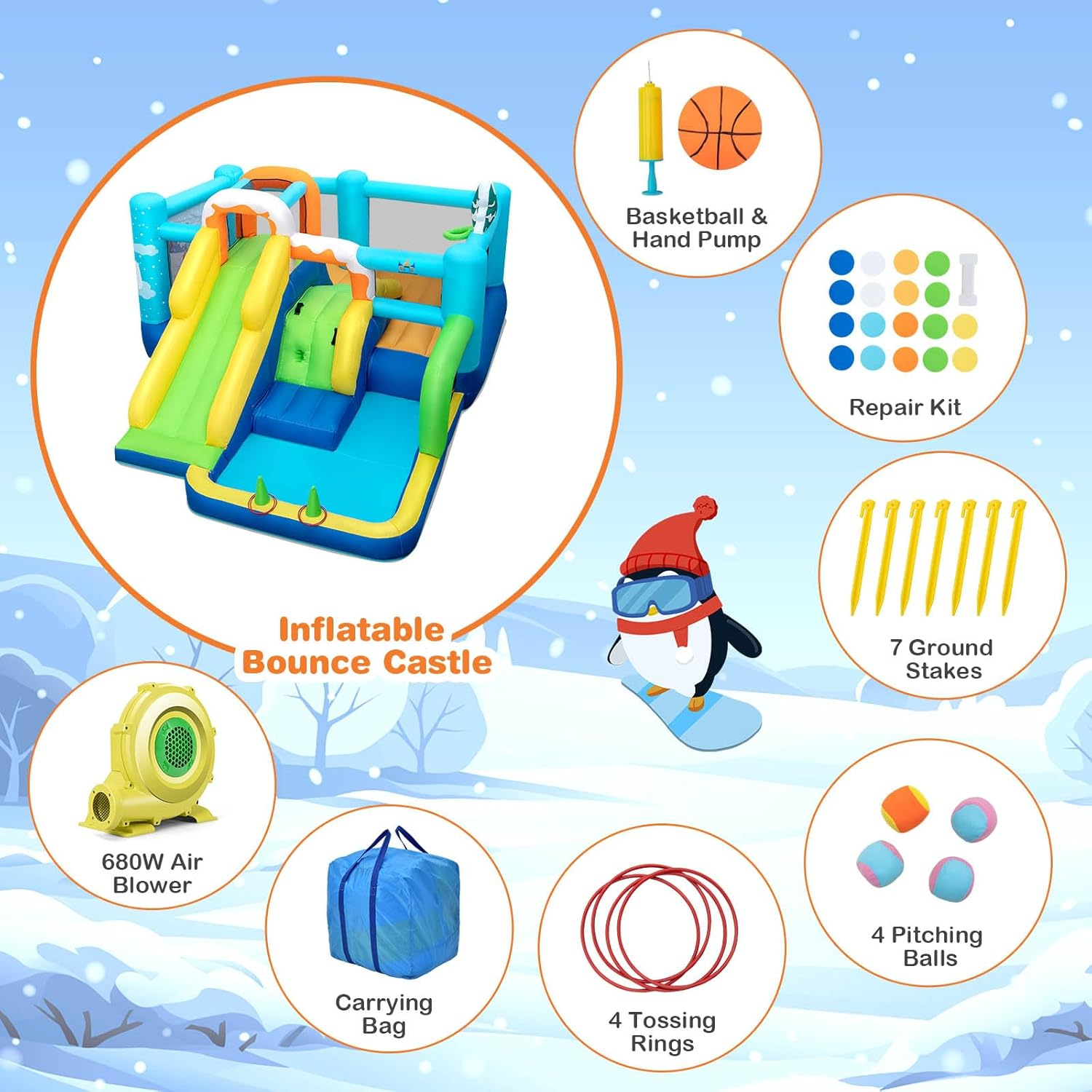 HONEY JOY Kids Inflatable Water Slide, 7-In-1 Outdoor Kids Jumping Castle W/Long Slide, Large Ball Pit, Double Climbing Walls, Basketball Hoop, Pitching Game & Ring-Toss Game (With 680W Blower) image number 3