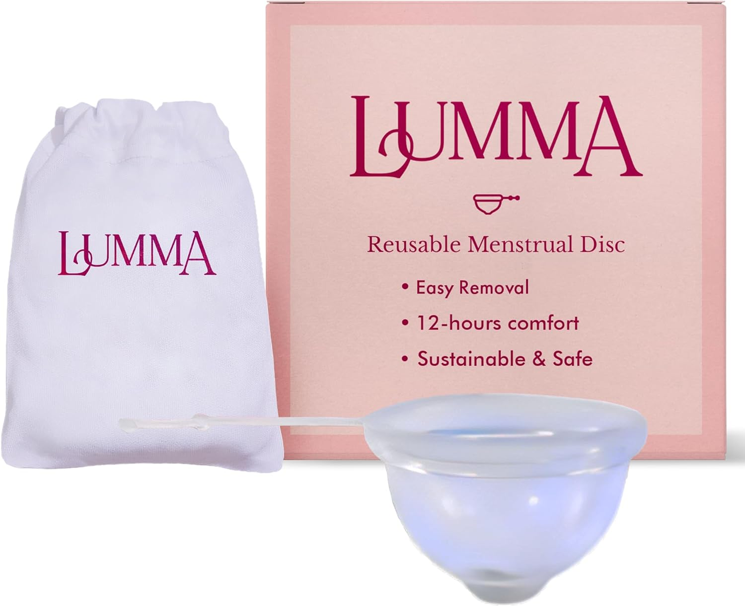 LUMMA Menstrual Disc - Includes Carrying Pouch & Silicone String for Easy Removal - Comfortable & Sustainable Choice to Tampons - Leak-Proof Reusable Medical Grade Silicone - Transparent, Short Cervix image number 2